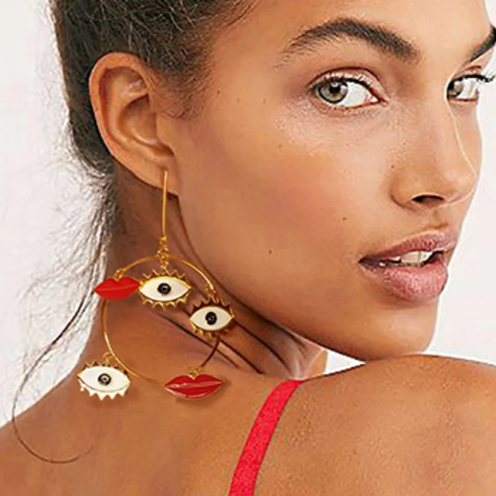 FP Dramatic Gold Hoop Red Lipstick Eye Picasso One Asymmetrical Earring